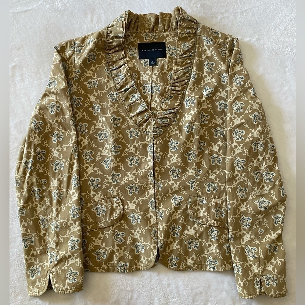 Banana Republic Tan Floral Print Blazer Ruffled V-Neck Cotton Blazer Size Medium